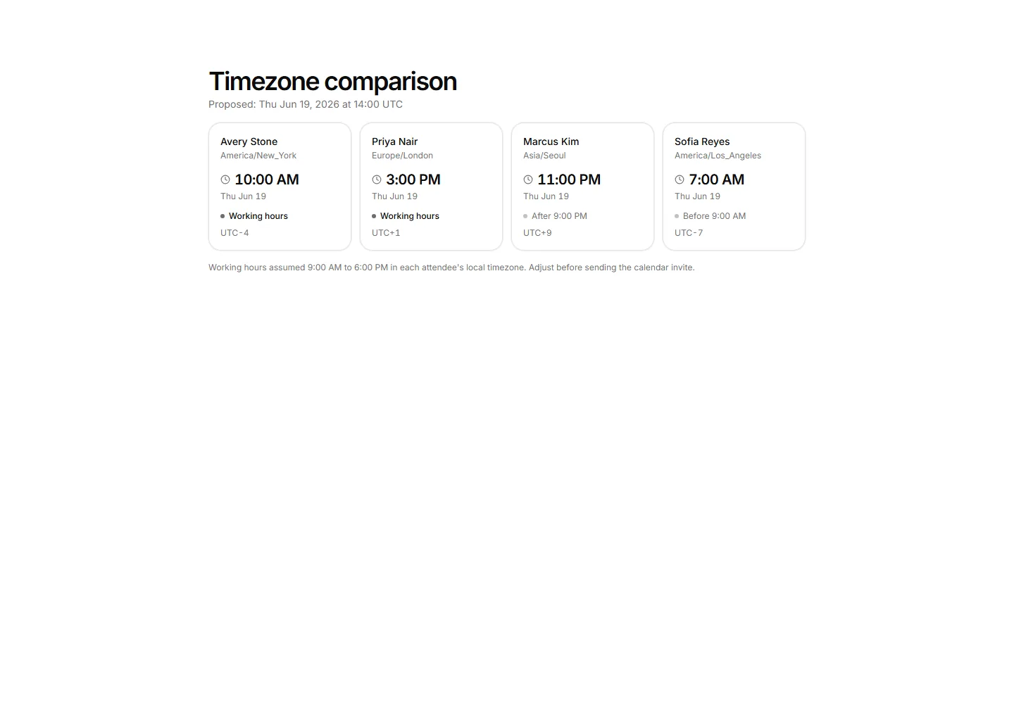 Static preview of application-pro-calendar-scheduling-timezone-compare-row