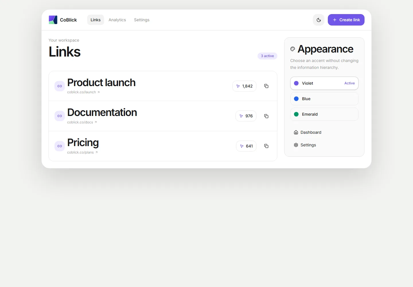 Theme-switching links dashboard interface preview