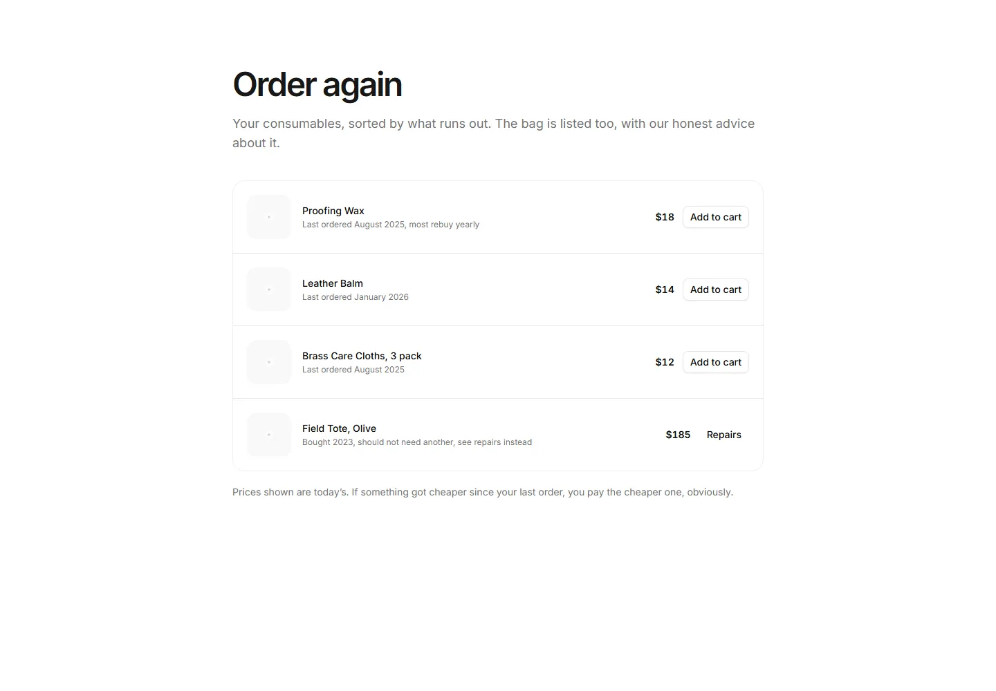 Static preview of ecommerce-pro-account-sections-order-again-grid