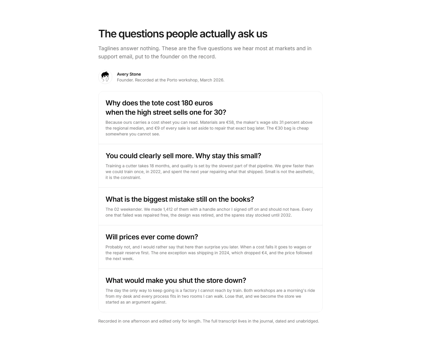 Static preview of ecommerce-pro-brand-story-sections-founder-interview-qa