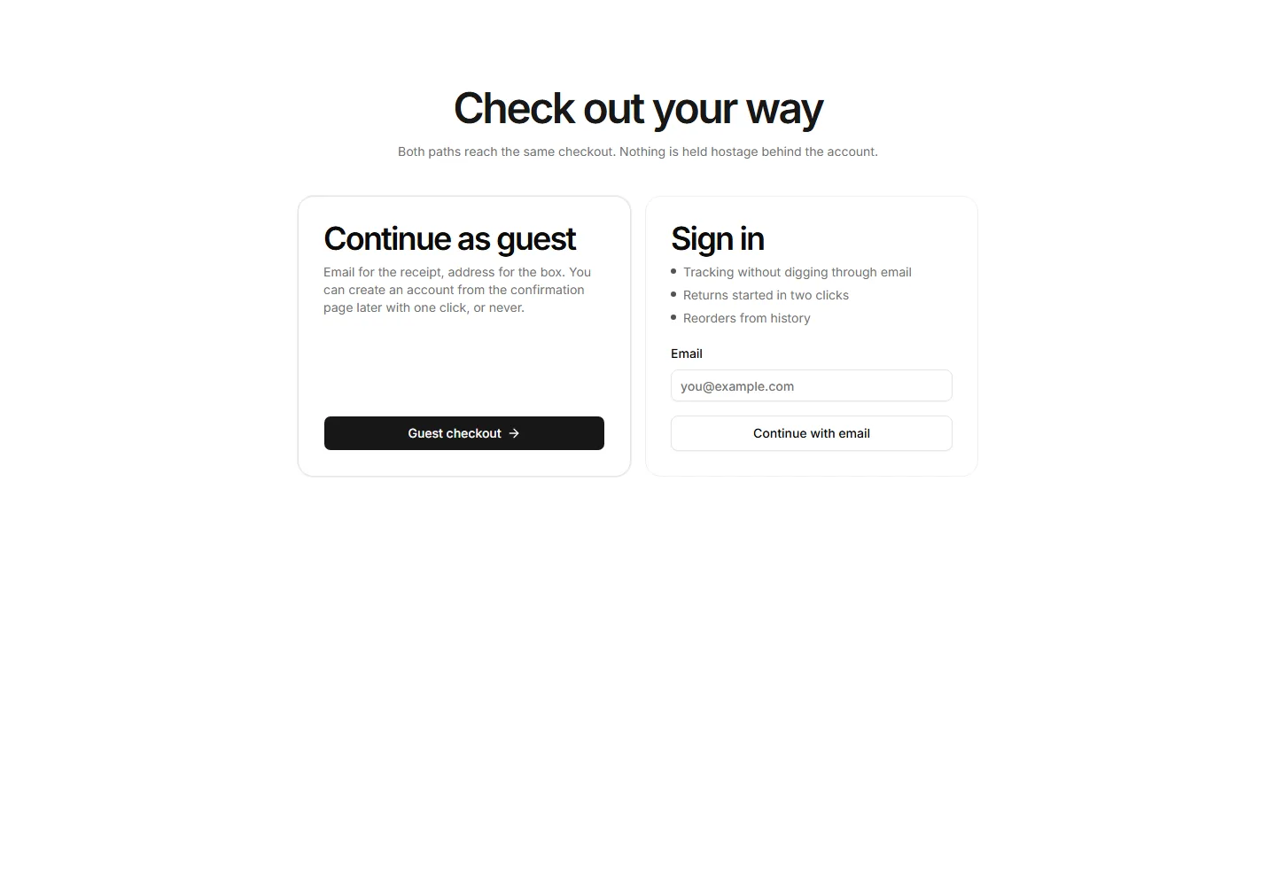Guest or account choice interface preview