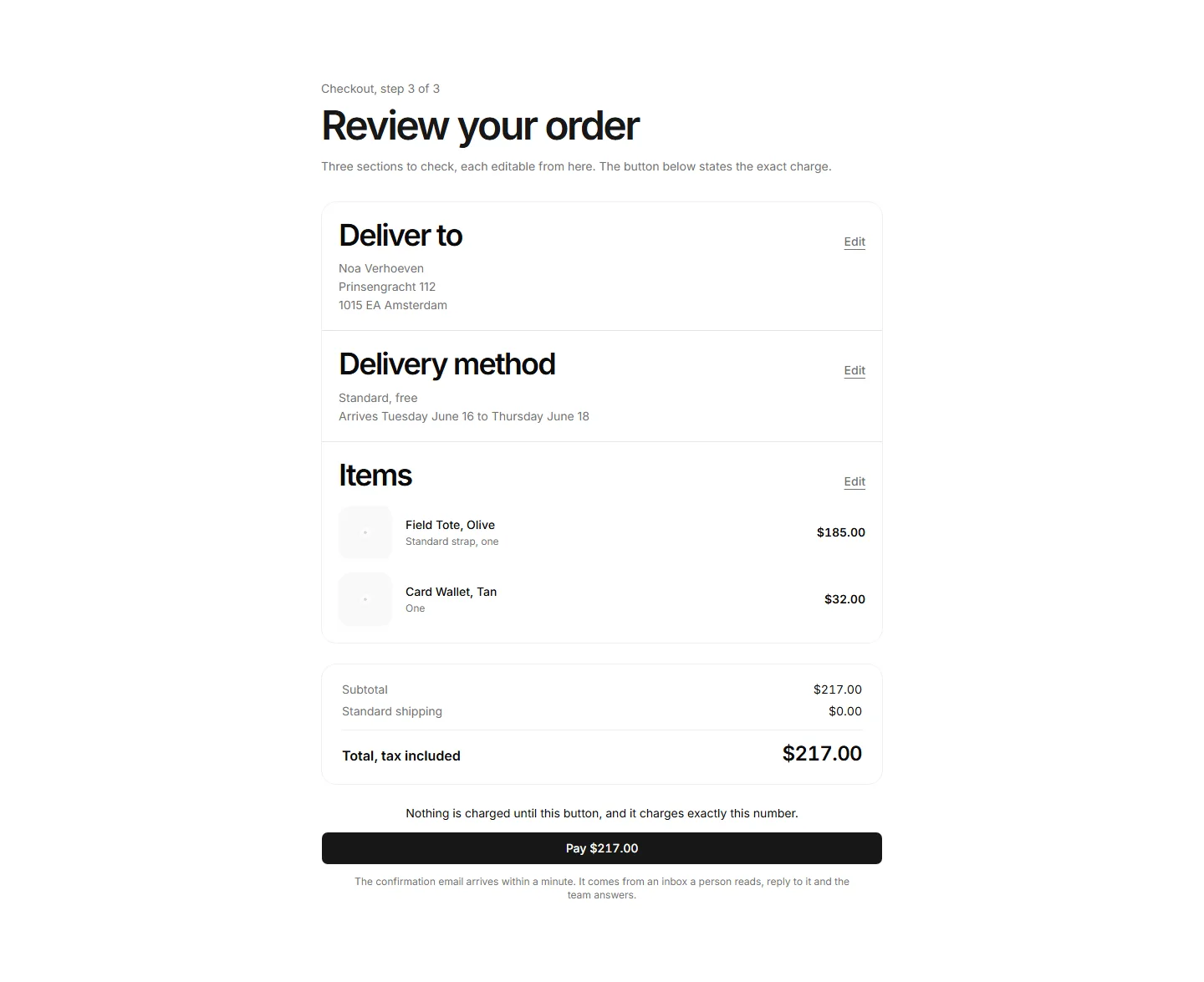 Order review step interface preview