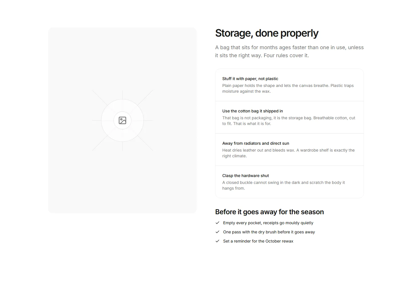 Static preview of ecommerce-pro-product-care-sections-storage-guide-split