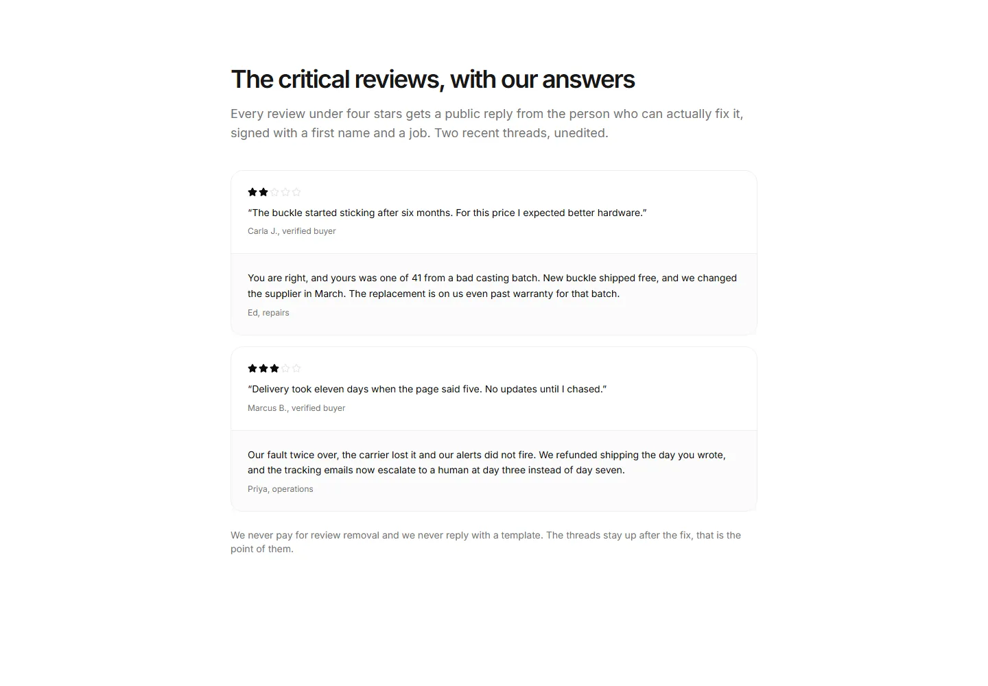 Static preview of ecommerce-pro-reviews-sections-store-response-thread