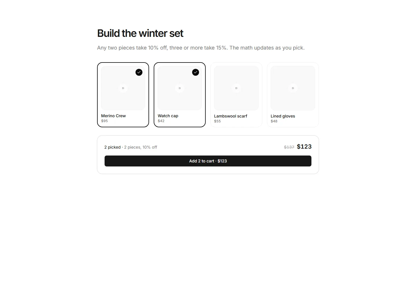 Static preview of ecommerce-pro-upsell-sections-tiered-bundle-builder